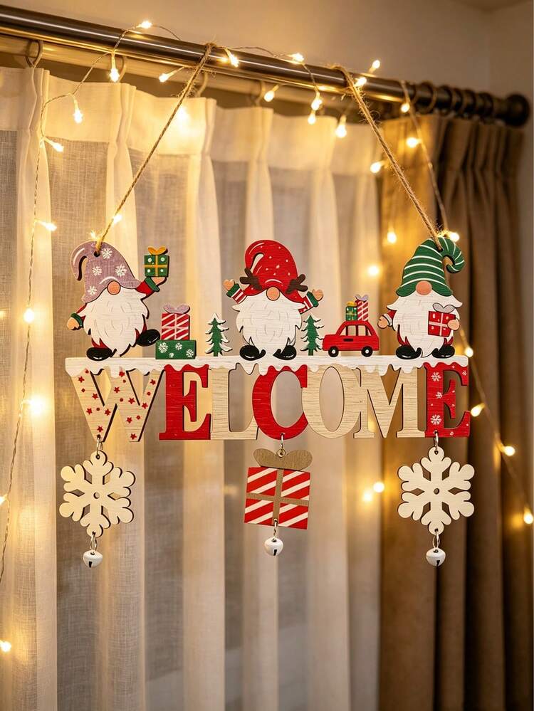 1pc Christmas Wooden Hanging Decoration, Gnome Pattern With Snowflake And Bell Pendant, "WELCOME" Letter Design, Rustic Style Christmas Tree/Door/Wall/Window Home Decor, Can Be Used As Christmas Gift - View 4