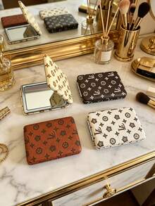 M.Dior Vintage Monogram Print Compact Mirror, Double Sided Foldable Pocket Mirror, Portable PU Leather Makeup Mirror For Travel & Daily Use - Multicolor - View 7