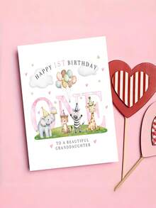 1 pièce "Happy 1st Birthday" Carte d'animal de safari avec enveloppe, design de jungle à l'aquarelle, carte de vœux pour le 1er anniversaire de la petite-fille, cadeau de célébration de jalon, intérieur vierge - Voir 8