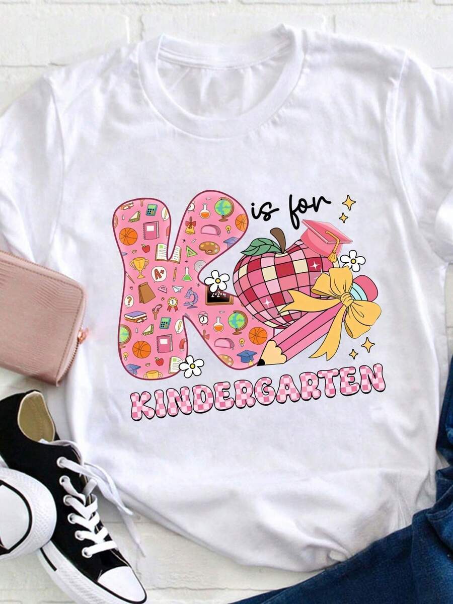 K Is For Kindergarten Teacher Coquette Bow Back To School White T-Shirt, Casual Crew Neck Short Sleeved Summer Top,White T-Shirt - 藍色 - 查看 1