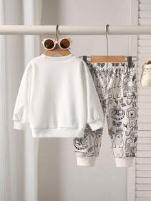 2pcs/Set Autumn Baby Boy Newborn Animal Print Long Sleeve Sweatshirt & Letter All-Over Print Long Pants Set, Bear Zebra Tiger Cartoon All-Over Print Pattern, Slightly Elastic, Suitable For Baby Newborn Daily Wear, Great Gift - White - View 2