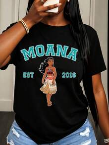 Disney Moana Character Print T Shirt Women Casual Summer Fashion Streetwear Style Top For Everyday Wear And Outings - Black - View 1