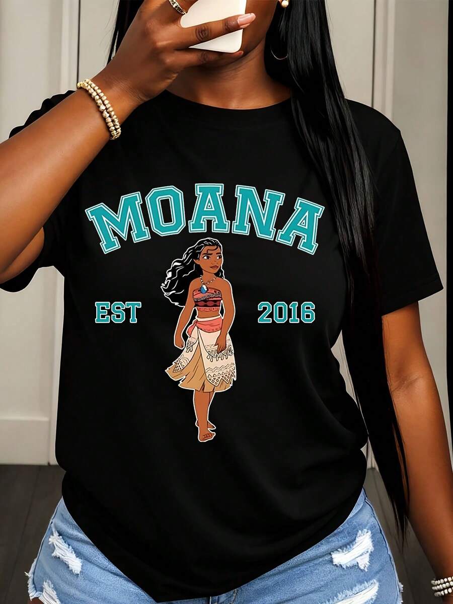 Disney Moana Character Print T Shirt Women Casual Summer Fashion Streetwear Style Top For Everyday Wear And Outings - Black - View 1