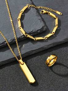 3pcs/Set Minimalist Men's Stainless Steel Jewelry Set, Hip Hop Fashion Necklace, Bracelet, Ring, Black, Silver, Gold, Suitable For Daily Wear, Vintage, Gift For Friends - 1676-set - View 1