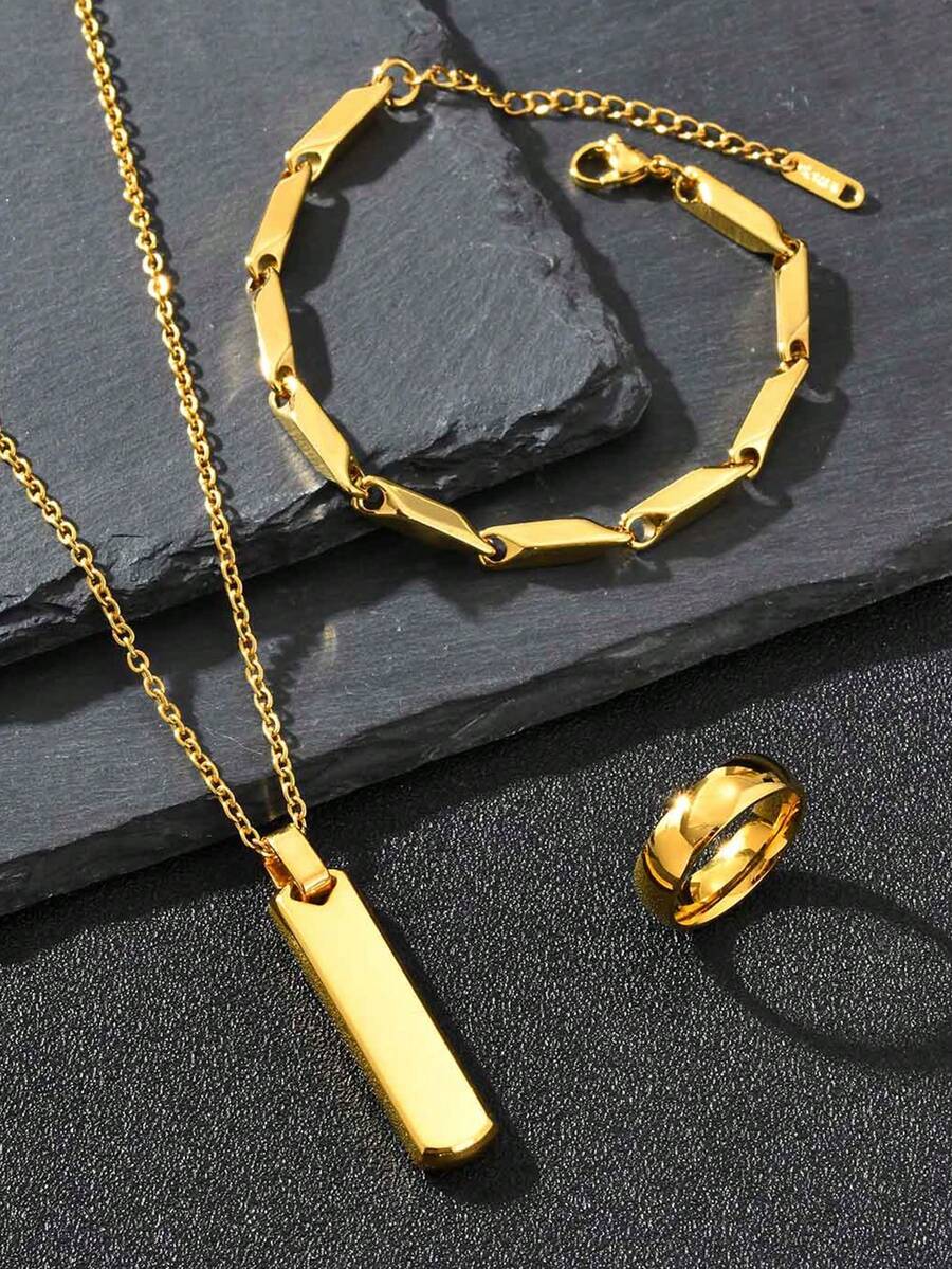 3pcs/Set Minimalist Men's Stainless Steel Jewelry Set, Hip Hop Fashion Necklace, Bracelet, Ring, Black, Silver, Gold, Suitable For Daily Wear, Vintage, Gift For Friends - 1676-set - View 1
