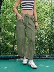 Women's Barrel Leg Sweatpants High Waisted Wide Leg Athletic Pants With Drawstring, Casual Loose Fit Lounge Sweatpants For Women, Yoga Baggy Joggers - 灰綠色 - 查看 2