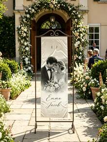 Custom Photo Satin Wedding Welcome Banner, Personalized Wedding Text Date Location Wall Hanging, Photo Booth And Reception Door Decor, Suitable For Modern White Style - Multicolor - View 6