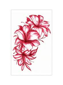 1pc Red Gradient Hand-Drawn Lily Pattern Temporary Tattoo Sticker, With Realistic Tattoo Design. Suitable For Travel, Music Festivals, Games, Graduation Gifts. Lasts For 3-5 Days. - Red - View 4
