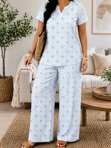 Summer New Styles, Women'S Plus Size, V-Neck Short Sleeve Top And Wide-Leg Long Pants Set, Casual 2pcs, Fashion Two Piece Set, Star Pattern Design_1_1 - White - View 3