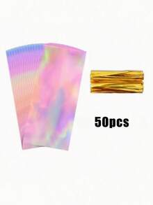 50/25/1pc Rainbow Transparent Plastic Candy Bags, Laser Style Gift Bags, Party Cookie Snack Bags With Gold Twist Tie Closure, Colorful Gift Packaging Bags - Multicolor - View 5