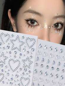 2 Peças/Pacote Adesivos de Strass Aurora Brilhante em Formato de Coração, Coração Vazado, Estrela e Múltiplas Formas, Adesivos de Cristal 3D, Adesivos de Maquiagem de Palco Prata Branco, Decoração de Maquiagem de Olhos com Glitter Sem Cola - Multicolorido - Visão 3