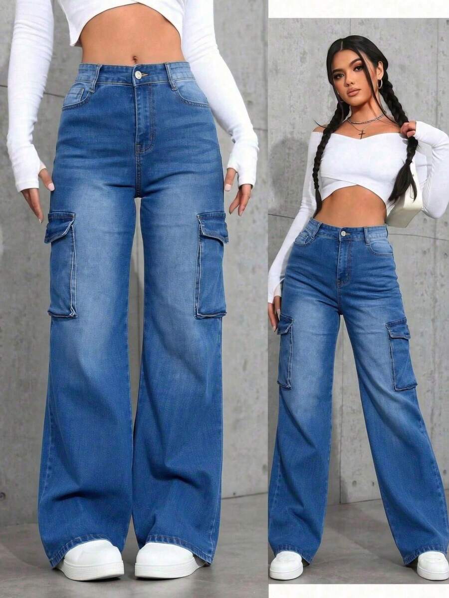 Straight Leg Cargo Jeans With Butt Lift And Tummy Control - Medium Wash - View 1