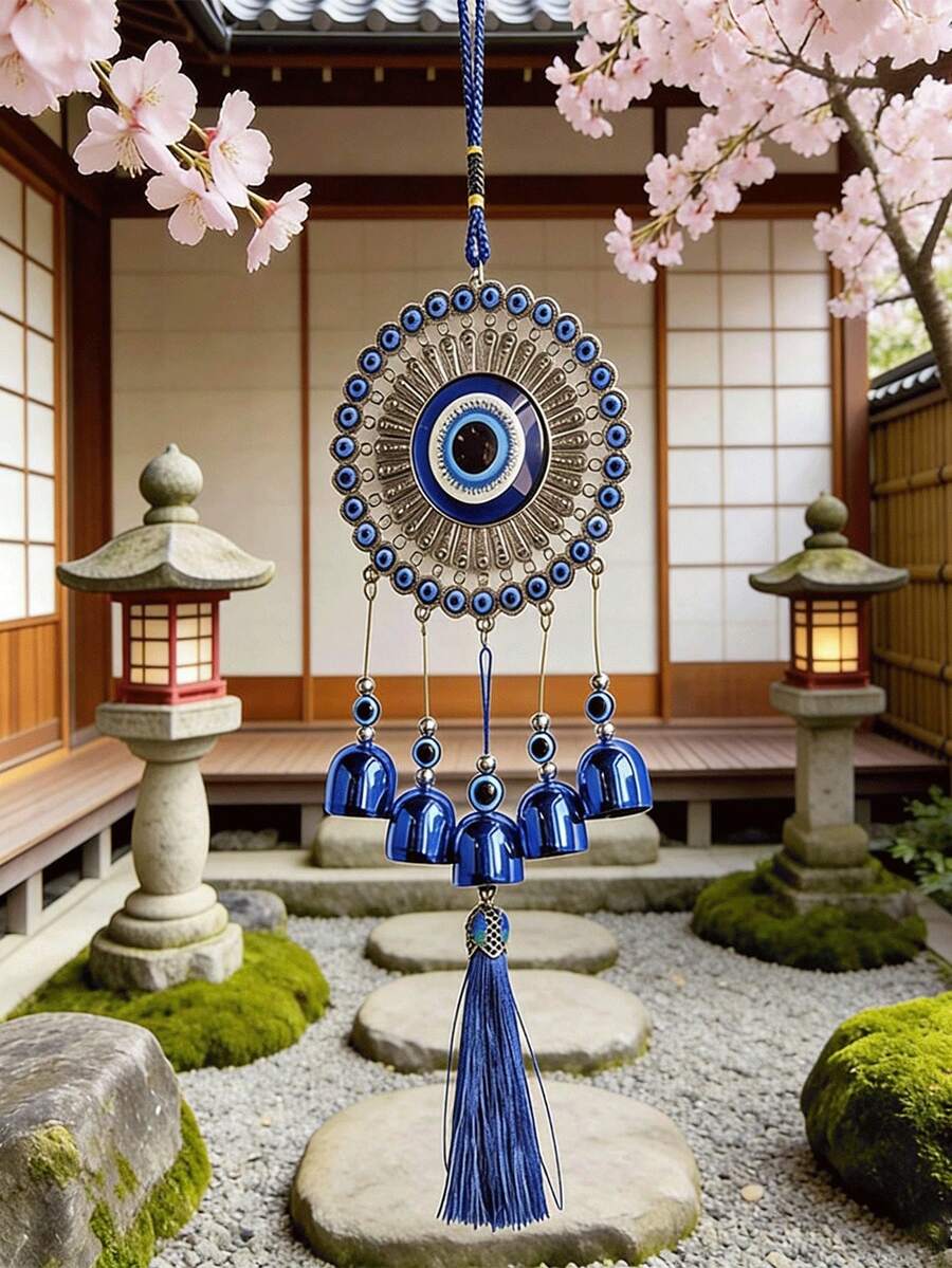 1pc Turkish Blue Evil Eye Wind Chime, Metal Bell Hanging Decor, Multi-Purpose Home Wall Door Car Decoration, Lucky Blessing Traditional Amulet, Hook Sold Separately - Multiple Styles - View 1