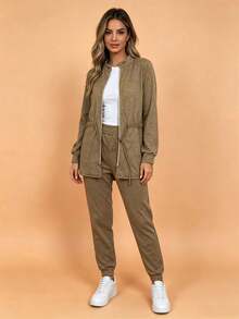 Women's Lisa Set, Stretchy Wool Fabric, Pants With Pockets. - Dark Khaki - View 3