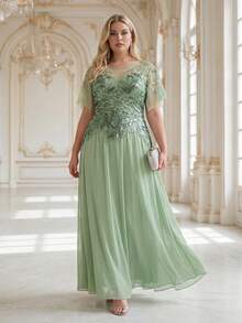 EVERPRETTY Vestido de noche largo formal elegante para mujer talla grande con patchwork de lentejuelas, gasa, lentejuelas y bordado, adecuado para baile de graduación, fiesta de noche, boda - verde menta - Ver 6