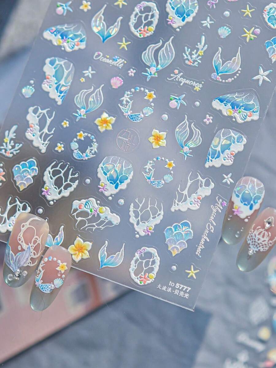 1片裝 5D可愛夏季貝殼美甲貼紙,精緻迷你貝殼、海螺、海馬、珊瑚、海星、蝴蝶結自黏式轉印美甲貼,DIY美甲裝飾 - 彩色 - 查看 1
