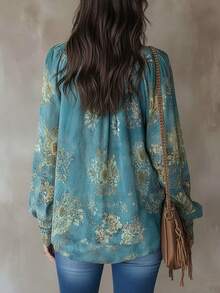 2026 New Blue-Green Floral Print Blouse Long Sleeve Loose Fit Bohemian Top Hippie Shirt Vintage Floral Print Small V-Neck Lantern Sleeve Lightweight Breathable Print Bohemian Fashion Vacation Outfit Island Holiday Style Country Music Festival Outfit Western Cowboy Style Pastoral Vintage Style Retro Aesthetic Casual Streetwear Plus Size Friendly - Multicolor - View 6