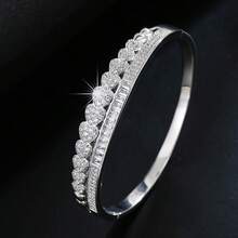 1pc Elegant Exquisite Double Row Patchwork Heart Full Zirconia Inlaid Design Bracelet For Women, Asymmetrical Inlaid Anniversary Confession Party Gathering Exquisite Jewelry - Bracelet - View 10
