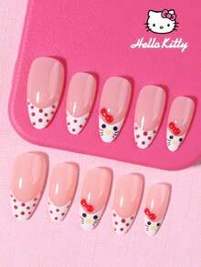 Sanrio Hello Kitty 24片 Y2K 杏仁形白色法式美甲貼片，可愛 Hello Kitty 3D 凝膠蝴蝶結與波點設計，完美貼合壓克力假指甲套組，含 1 瓶果凍膠與 1 個指甲锉，適合女生日常與派對佩戴 - 彩色 - 查看 2