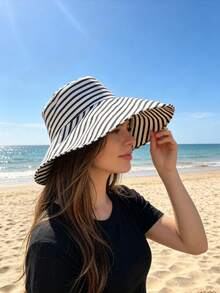 1pc Large Head Circumference Wide Brim Striped Bucket Hat, Foldable, Face-Slimming, Fashionable & Versatile, Sweet & Cute, Soft & Comfortable, Suitable For Spring/Summer Outdoor Outings, Essential For Cycling - Multicolor - View 1