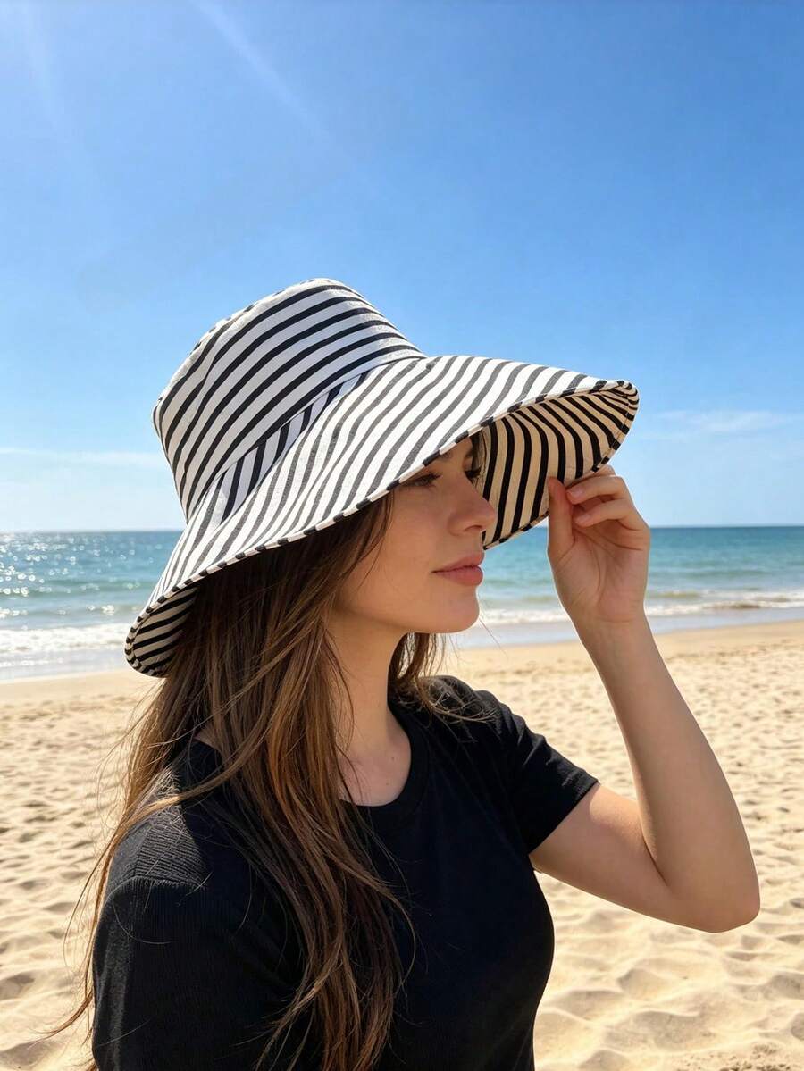 1pc Large Head Circumference Wide Brim Striped Bucket Hat, Foldable, Face-Slimming, Fashionable & Versatile, Sweet & Cute, Soft & Comfortable, Suitable For Spring/Summer Outdoor Outings, Essential For Cycling - Multicolor - View 1