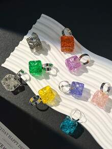 Bague en perle carrée asymétrique géométrique en résine, bague de doigt transparente couleur macaron Ins printemps/été - Multicolore A - Voir 9