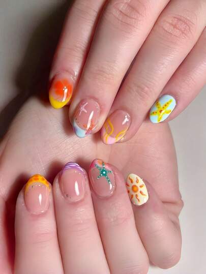30 Summer Ocean Breeze Star And Sun Nail Art Patches, Artificial Nail Art Supplies, Square Nails, Y2K Style Nail Art