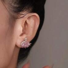 1 Pair Women's Pink Crystal Swan Earrings, Inlaid With Sparkling Cubic Zirconia, Elegant Animal Design, Suitable For Daily Wear And Party Occasions - Pink - View 5