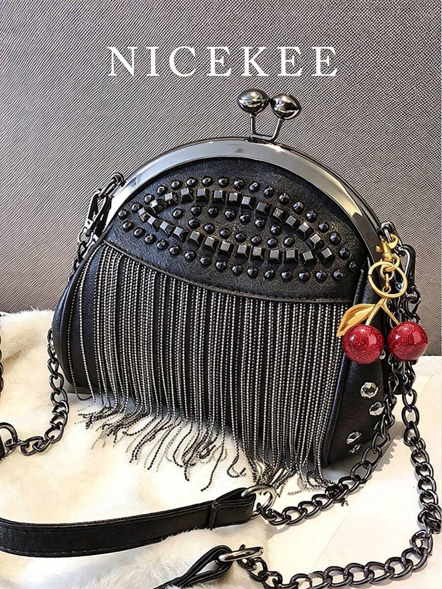 簡約時尚人造皮革鉚釘流蘇高質感貝殼包,優雅氣質斜挎包,適合通勤上班、約會 - 黑色 - 查看 1