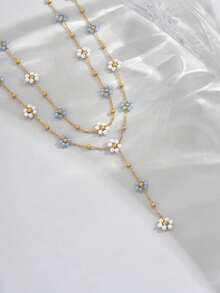 2pcs Women's Double Layered Flower Necklace, Niche Design, Fresh And Versatile, Suitable For Daily Wear And Travel - Gold - View 2
