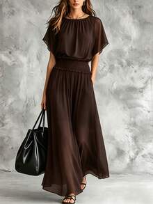 Elegant Solid Coffee Chiffon Long Dress, Round Neck, Flutter Short Sleeves, Elastic Ruffle Waist, Flowy Women's Dress - Brown - View 2