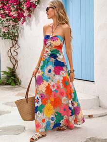 Vestido de gasa con estampado para primavera y verano con cuello de halter para mujeres - Mostaza Amarilla - Ver 13