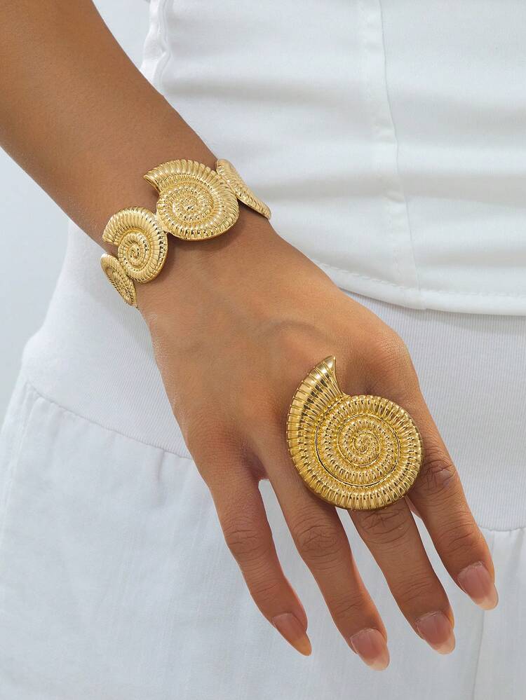 New Summer Ocean Vacation Style Unique Design Metal Texture Seashell Shaped Bracelet & Ring Set, Versatile Commuter Niche Metal Accessory - Yellow Gold - View 14