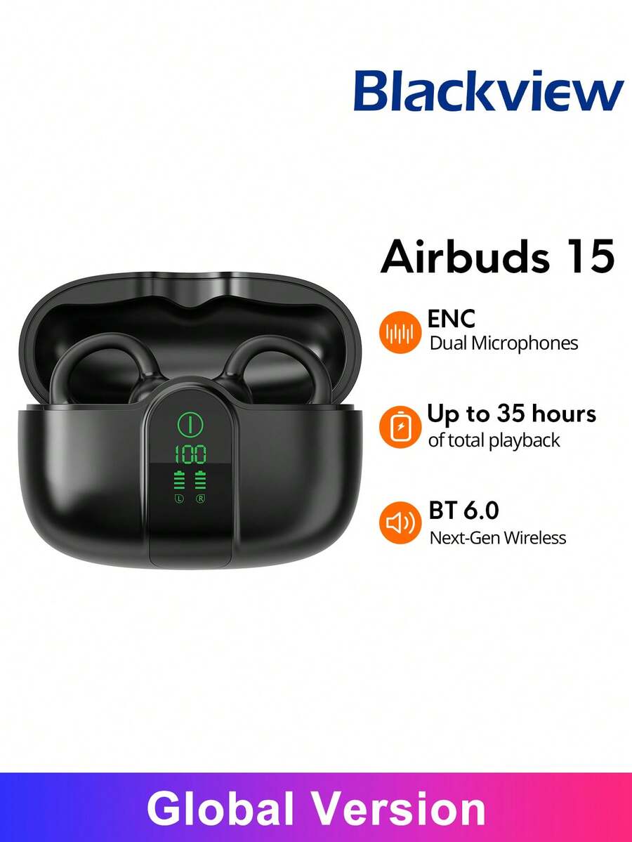 Blackview Airbuds 15 耳機全球版 ANC & ENC 雙重降噪 人體工學佩戴設計 10mm 動圈單體 3.8g 極輕量 IPX4 防水 最長 30 小時總播放時間 無線 BT 6.0 原音 App 控制 - 查看 1