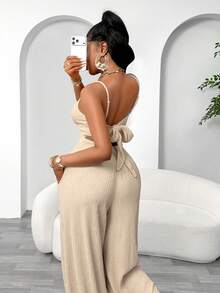 Aliling Women's Fashion Casual Solid Color Hollow Waist Camisole Harem Jumpsuit, Tie-Back Design, Elastic Textured Fabric, Suitable For All Daily Occasions - Apricot - View 6