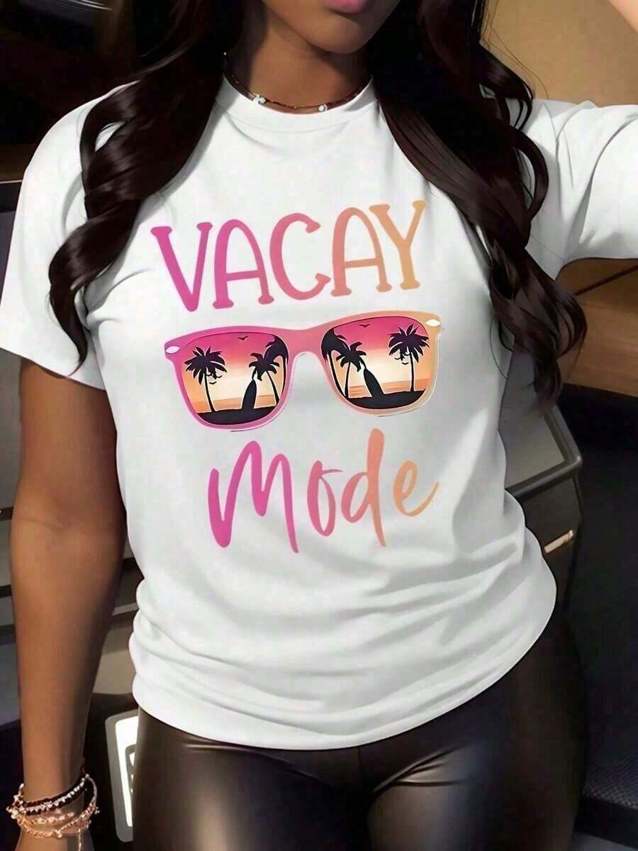 Women's Graphic Print T-Shirt Limited Time Offer, Limited Quantity Available, Lightning Bolt, Women's Shirts, Women's T-Shirts Vacay Mode Women's T-Shirt With Sunglasses Design And - 白色的 - 查看 1