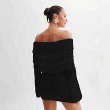 Vestido Mini Tejido Texturizado Azul Claro Sin Hombros, Banda Doblada con Fruncidos, Manga Larga Campana, Corte Ajustado para Citas y Fiestas Nocturnas - Albaricoque - Ver 4