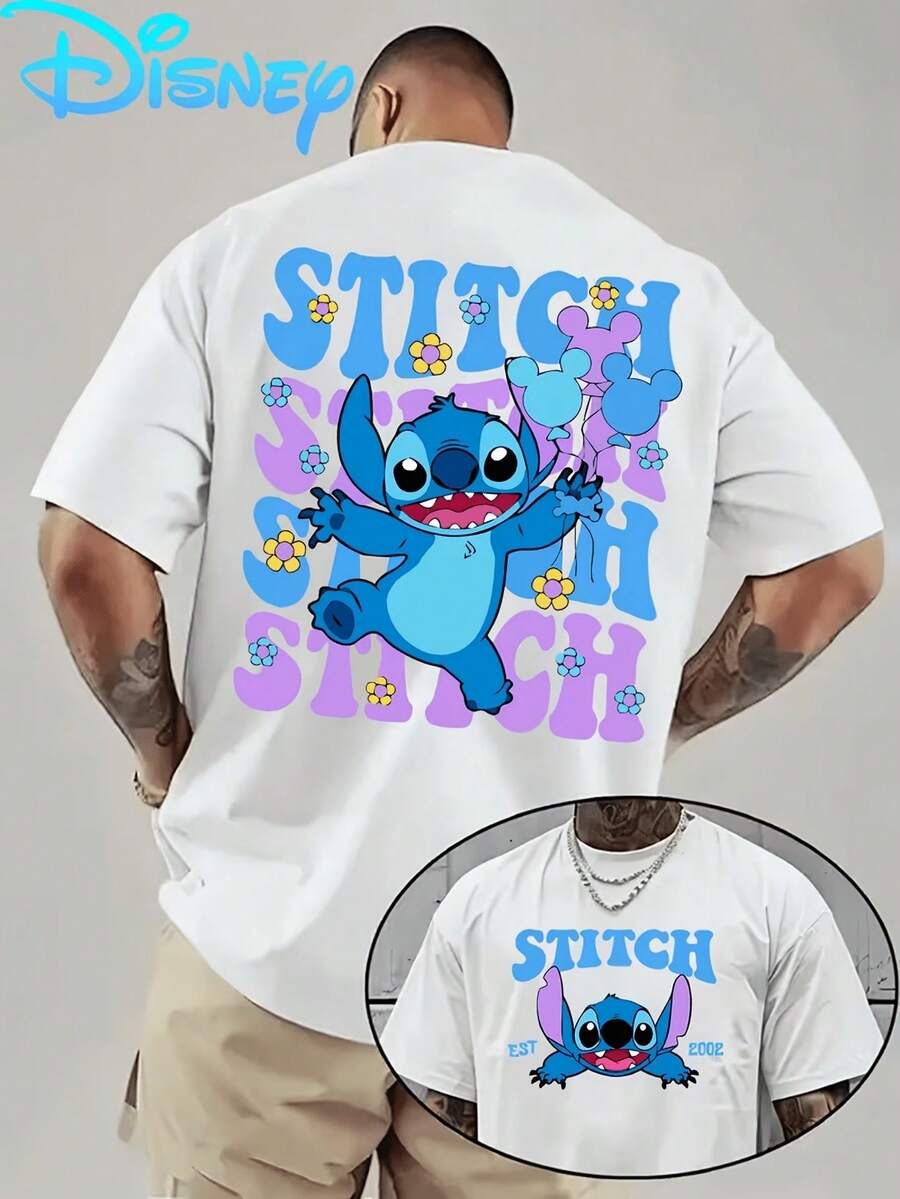 Stitch Lilo & Stitch Disney Men's 100% Cotton T Shirts Dual Side Print Balloon Flower Stacked Letter EST 2002 Casual Short Sleeve Crew Neck Daily Wear - 白色 - 查看 1