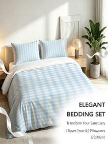 Set Perlengkapan Tidur 3 Potong Bergaris Biru & Putih, Set Sarung Selimut & Sarung Bantal Ultra Lembut, Ramah Kulit, dan Bernapas, Cocok untuk Semua Musim, Dekorasi Kamar Tidur Asrama Mahasiswa dan Rumah - Baby Blue - View 1