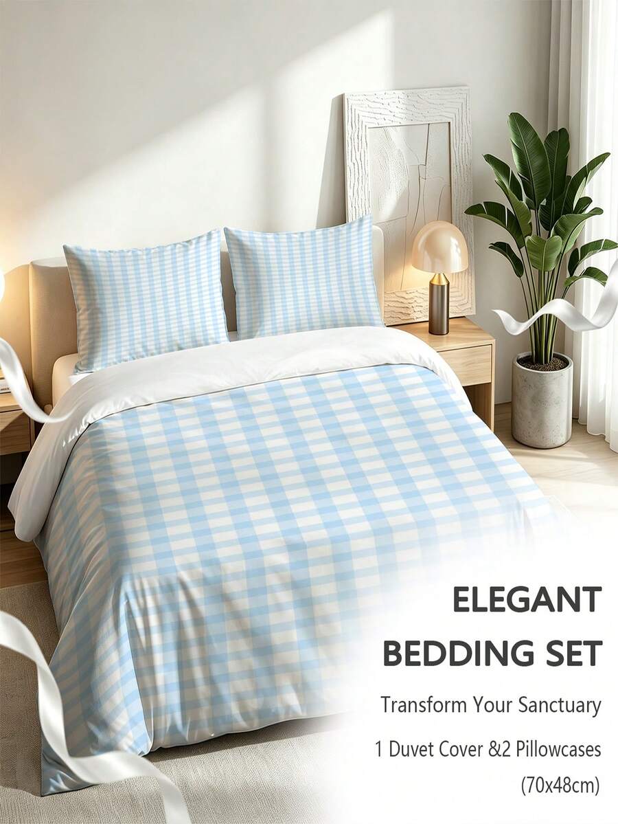 Set Perlengkapan Tidur 3 Potong Bergaris Biru & Putih, Set Sarung Selimut & Sarung Bantal Ultra Lembut, Ramah Kulit, dan Bernapas, Cocok untuk Semua Musim, Dekorasi Kamar Tidur Asrama Mahasiswa dan Rumah - Baby Blue - View 1