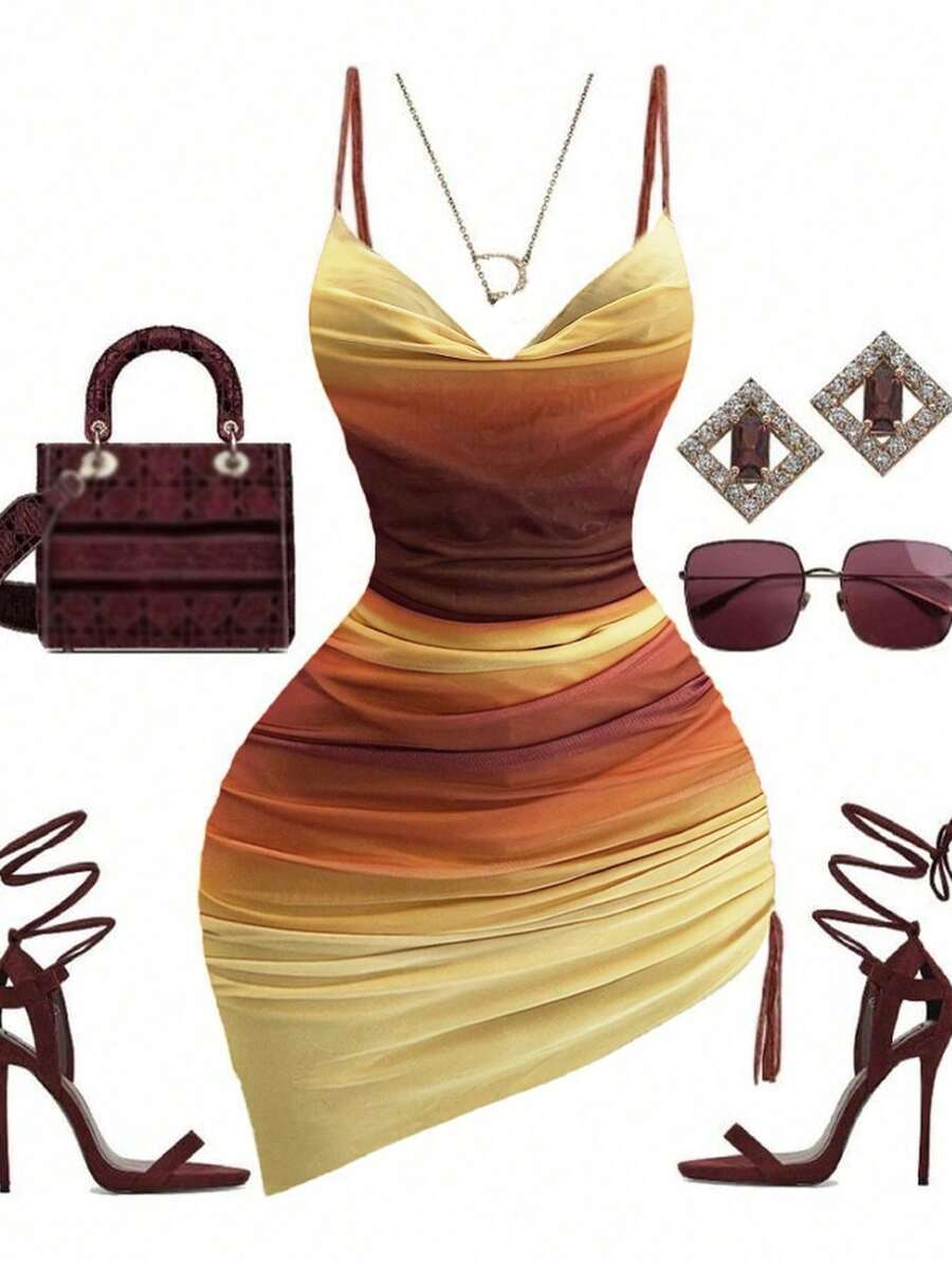 Vestido Mini Plus Size Feminino RNU Elegante com Malha Elástica, Estampa Degradê, Decote Gola Canoa, Costas Abertas, Alças Cruzadas, Alças Finas, Versátil para Festa, Aniversário, Convidada de Casamento, Encontro Romântico, Moda Férias, Primavera e Verão - Multicolorido - Visão 1