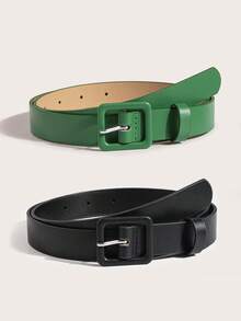 Women's Cute Small PU Buckle Simple Pink Belt - Green + Black - View 16