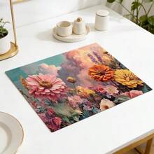 1/2/4/6/8PCS Floral Placemats,45*30cm,2 Prints: Sky Cloud Zinnia Painting & Watercolor Gradient Sunflower. 100% Polyester, Fade/Water/Stain/Heat Resistant, Machine Washable & Durable For Home Dining Decor. - Multicolor - View 5
