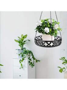 金屬吊掛植物架，適用於室內與室外使用，現代風格附鏈條花盆，適合裝飾陽台、門廊或花園，黑色 - A - 查看 1