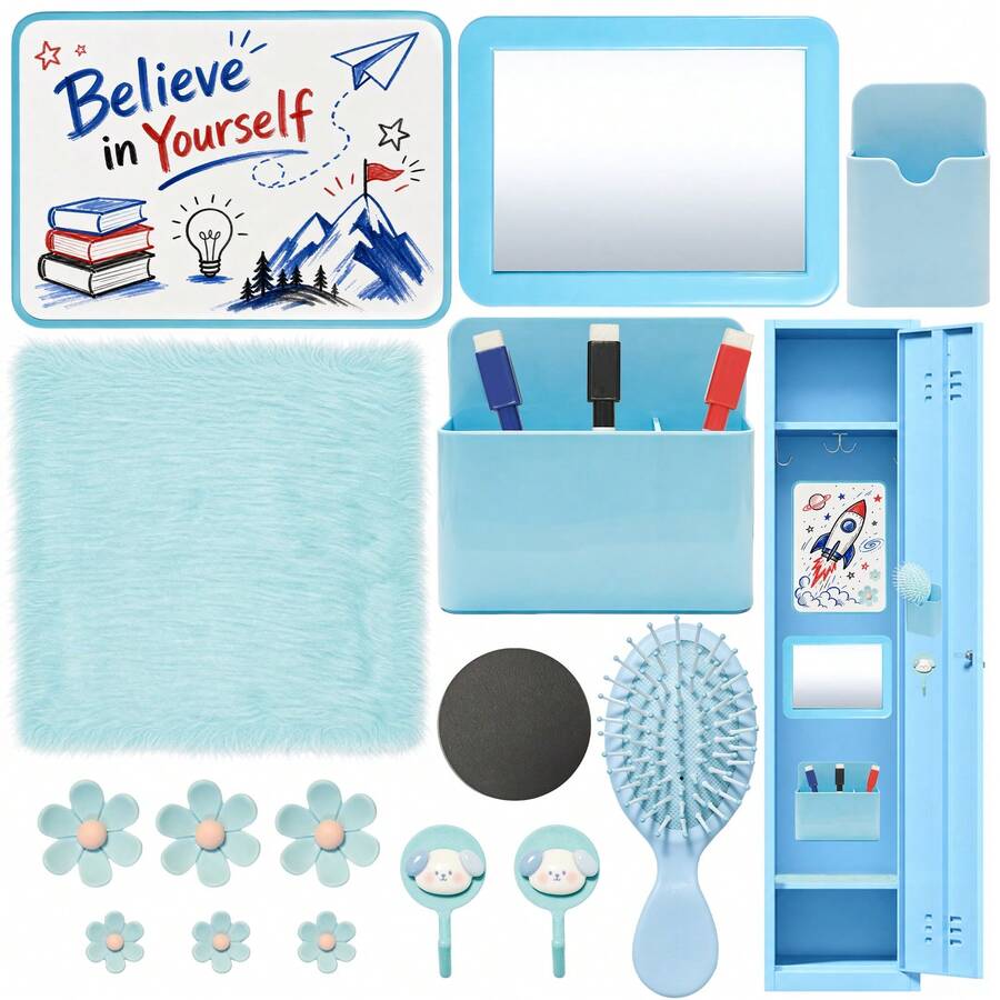 Girls Blue Locker Accessory Kit, 17pcs School Locker Decor With Magnetic Whiteboard, Mirror, Storage Boxes, Hooks, Floral Magnets, Rug And Labels, Cute Locker Decoration For Middle School - Mint Blue - View 1