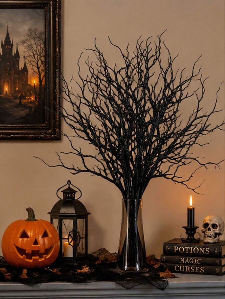 30/10pcs Black Halloween Branches Decor, Artificial Twisted Twig Stems, Artificial Curly Branches For Vase Arrangement, Gothic Style Halloween Tree Branch Sprays, Halloween Party Table Centerpiece Decoration Berry Sprays - Multiple Styles - View 1