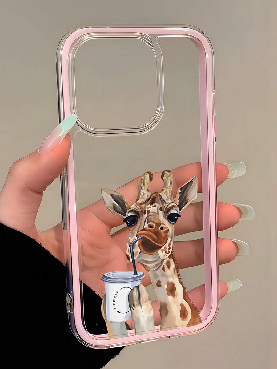 1pc Pink Frame Transparent Minimalist Lens Protection Anti-Drop Anti-Collision Coffee Drinking Giraffe Pattern Phone Case Personalized Suitable For IPhone 16 Pro Max/17/16/15/14 Plus/13/12/11 Protective Case Air Suitable For Samsung Series - Multicolor - View 1