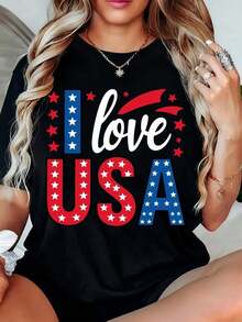 Women's Short Sleeve Crew Neck T-Shirt, 250th Anniversary Of American Independence Design, White, Stars And Stripes "I Love USA" Design, Day Celebration - 黑色 - 查看 1