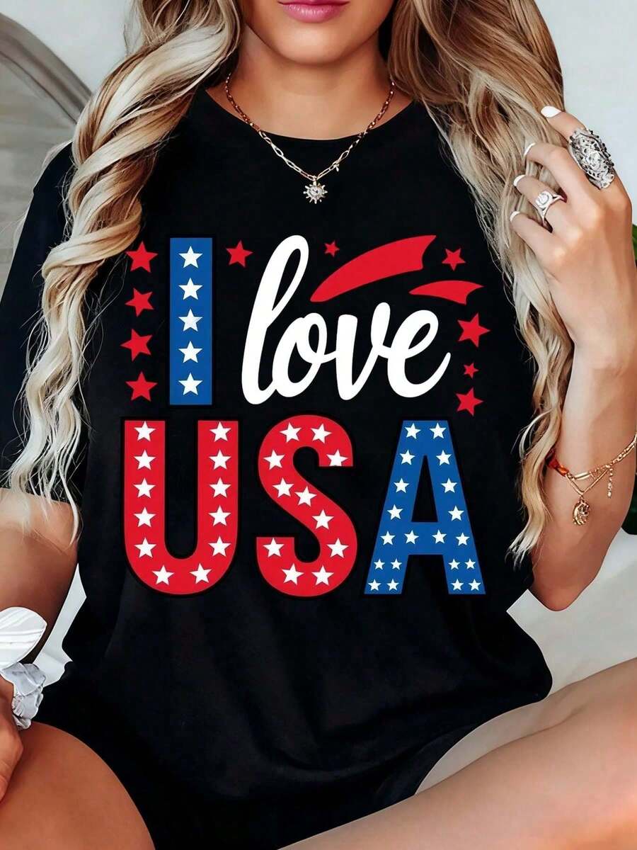 Women's Short Sleeve Crew Neck T-Shirt, 250th Anniversary Of American Independence Design, White, Stars And Stripes "I Love USA" Design, Day Celebration - 黑色 - 查看 1