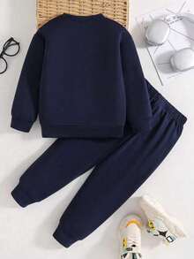 Young Boy Letter Print Crew Neck Long Sleeve Top And Pants Set - Royal Blue - View 2